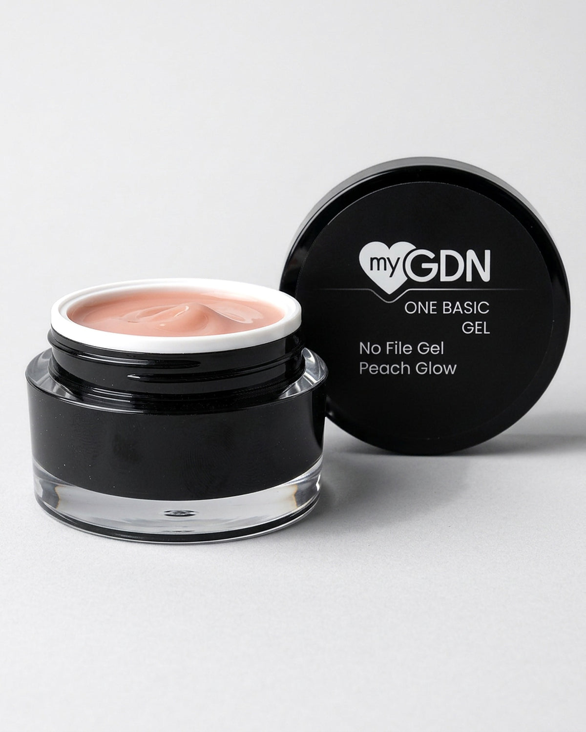 No File Gel Peach Glow – geöffneter Tiegel mit schwarzem Deckel