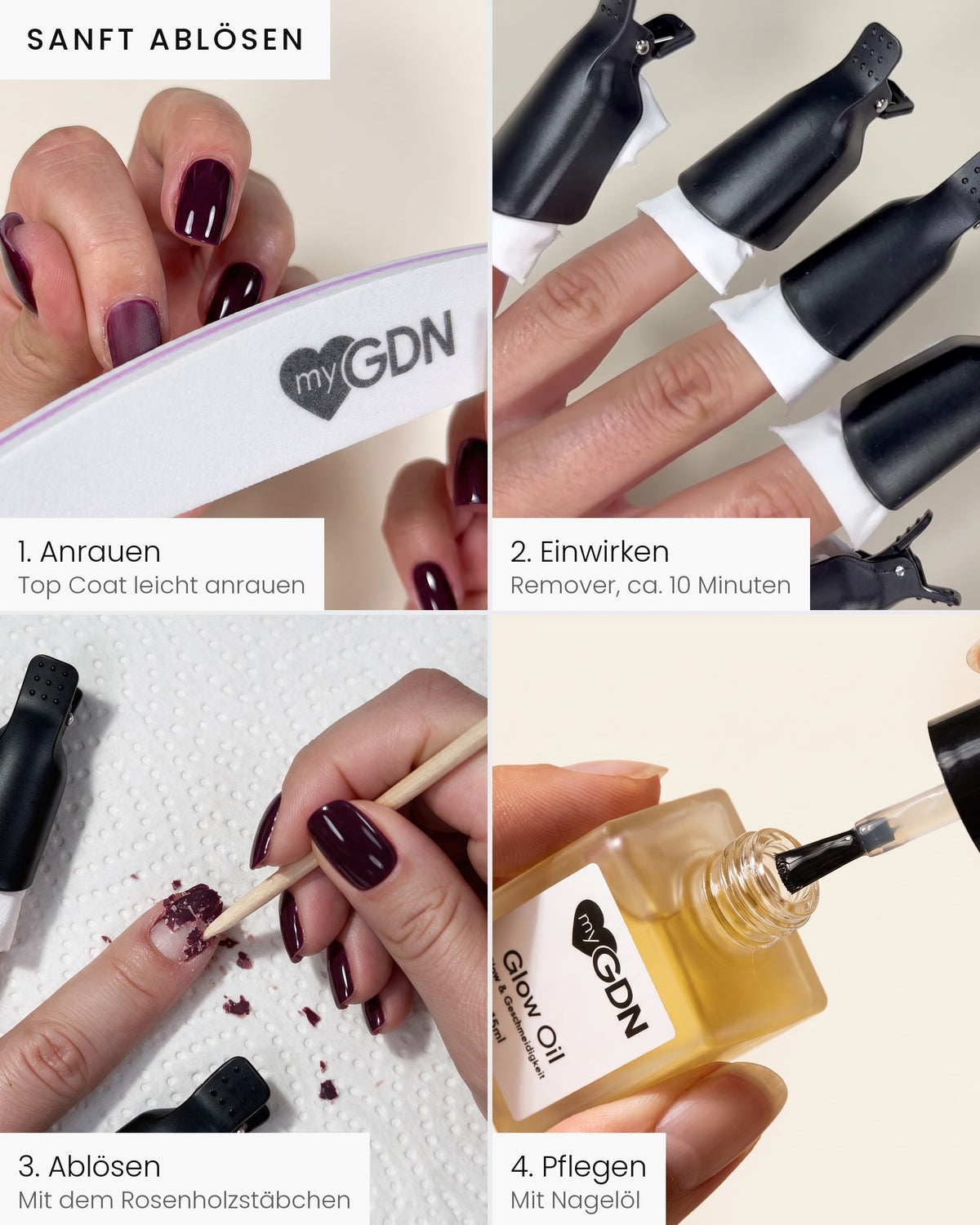 Sanft ablösen: Shellac in 4 Schritten entfernen – anrauen, einwirken, ablösen, pflegen