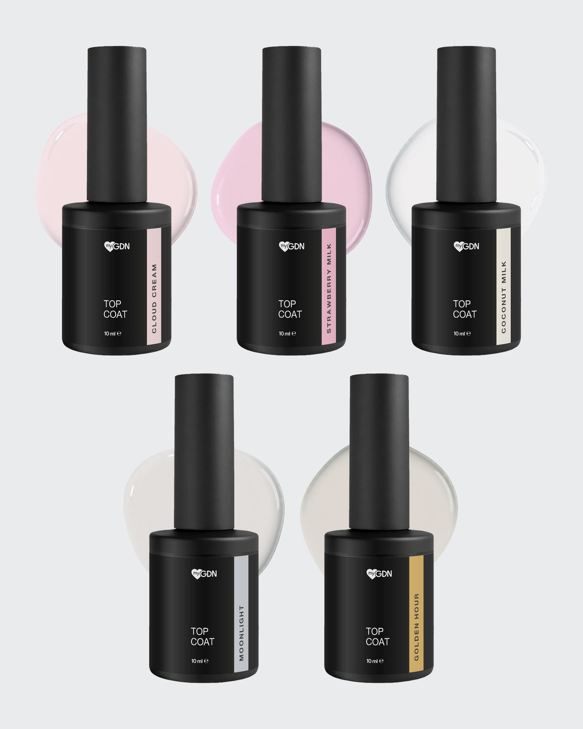 Top Coat Mix & Match Bundle mit 5 Top Coats: Cloud Cream, Strawberry Milk, Coconut Milk, Moonlight und Golden Hour