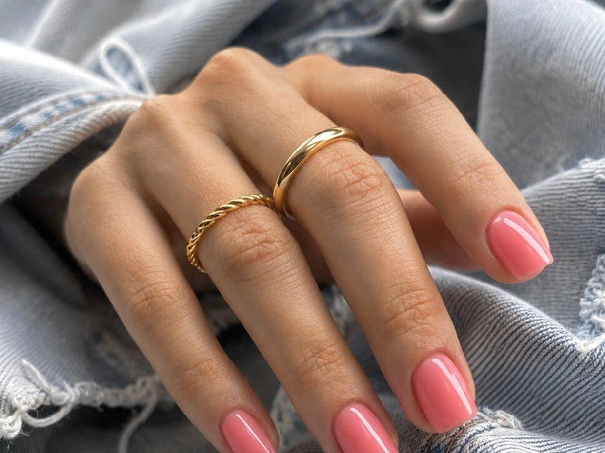 Hand mit rosa Gelnägeln auf Jeansstoff