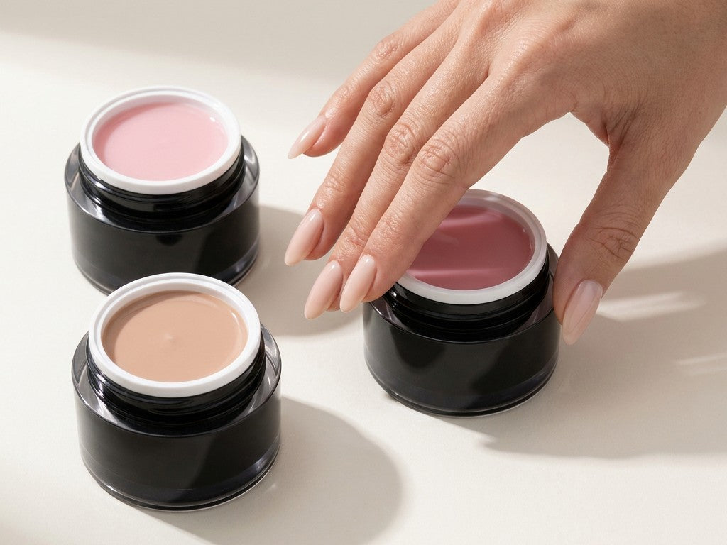 Hand an drei No-File-Gel-Tiegeln