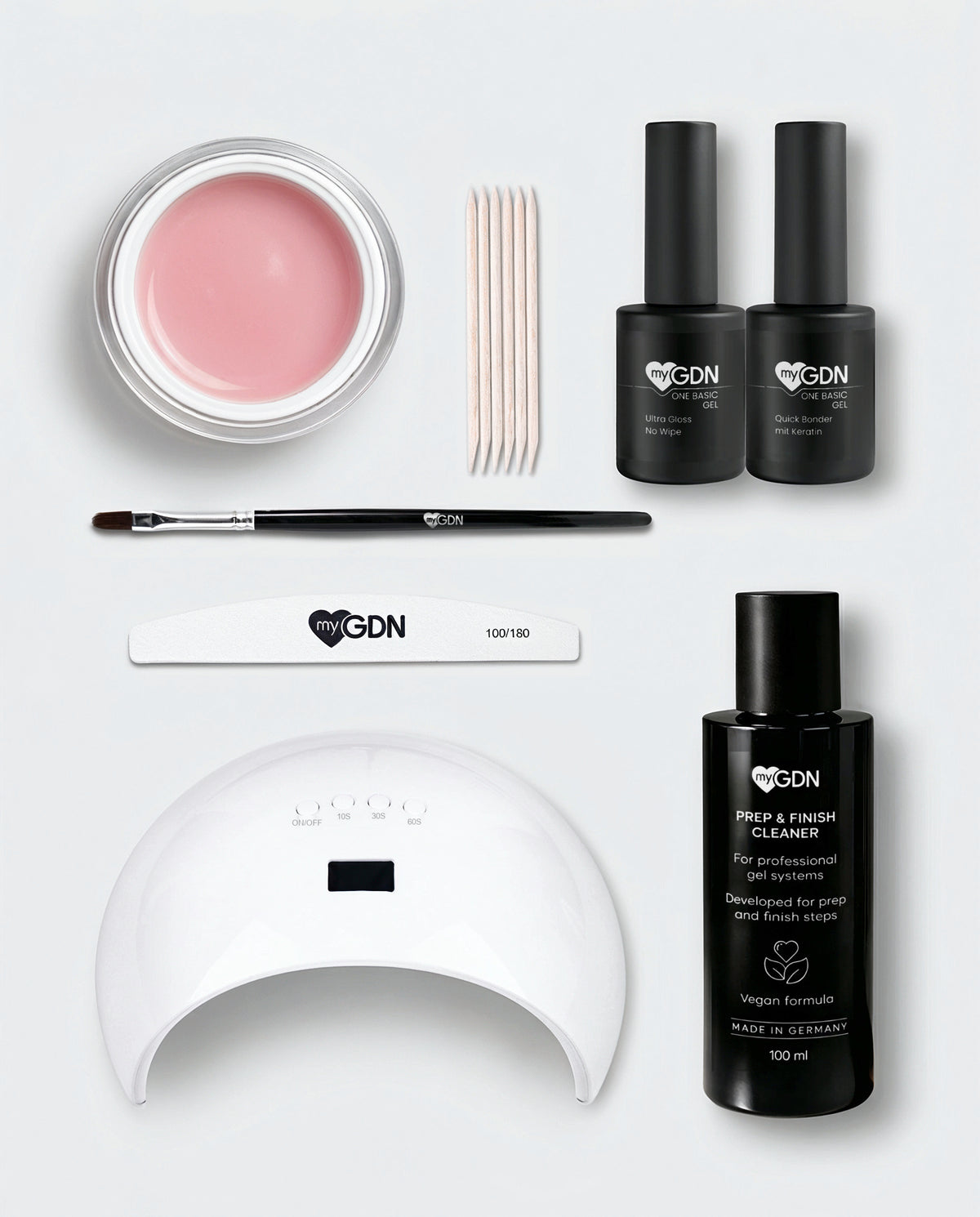 myGDN No File Gel Starter-Set: No File Gel Milky Kiss, Base und Top Coat, Gel-Pinsel, Feile, Rosenholzstäbchen, Prep & Finish Cleaner und LED-Lampe