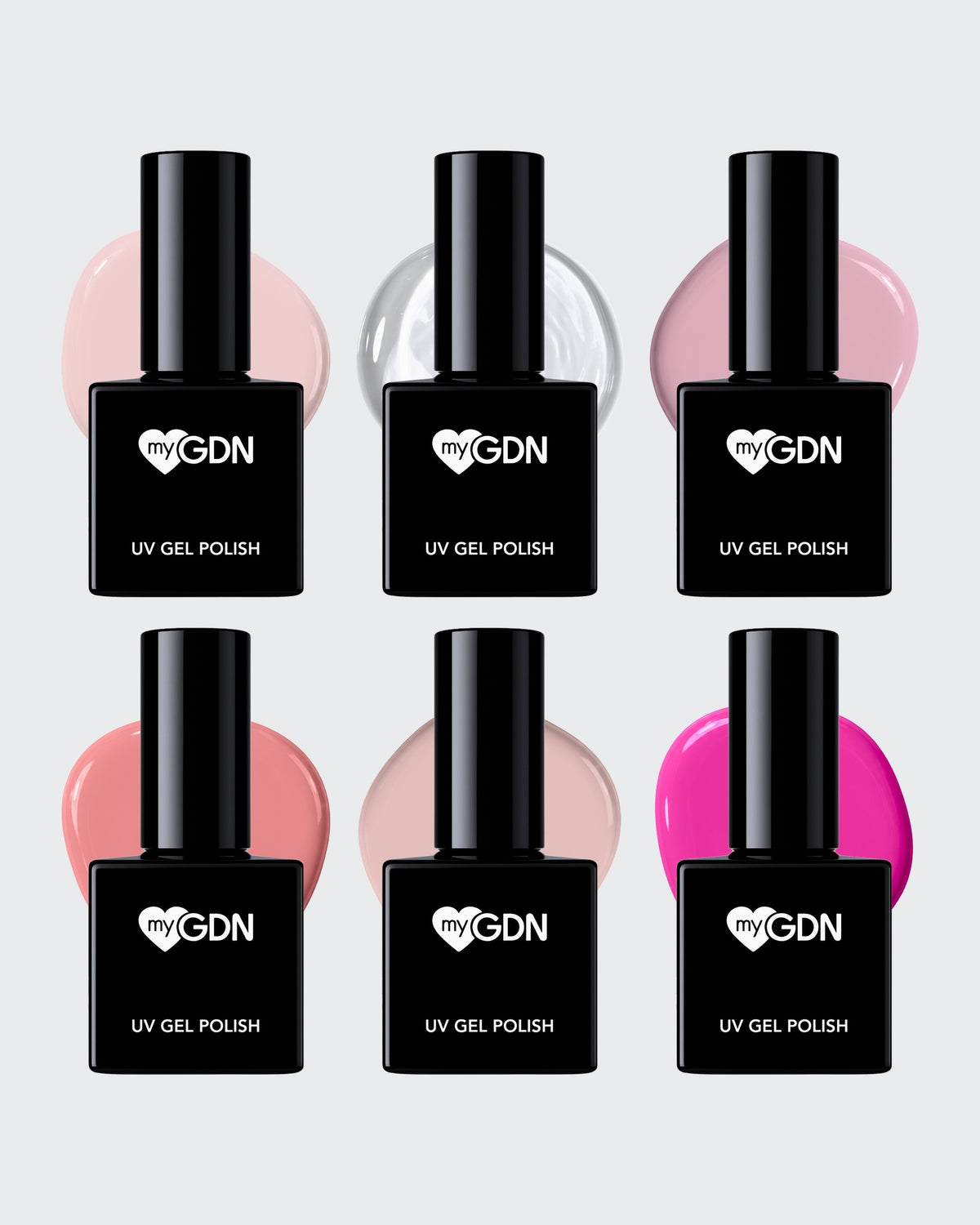 Rubber Base Mix & Match Bundle mit 6 Farben: Strawberry Milk, Clear, Nude Sparkle, Berry Blush, Pink Sugar und Pastell Fuchsia