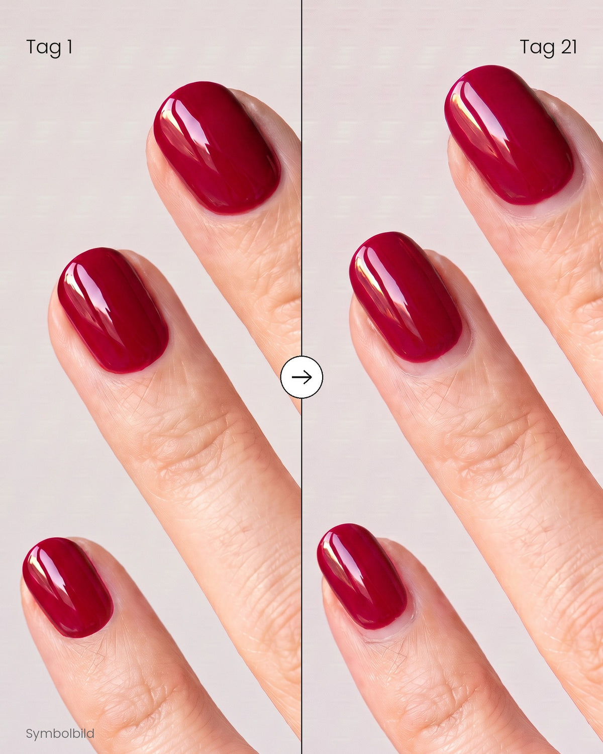 Shellac-Halt im Vergleich: dieselben Nägel an Tag 1 und an Tag 21
