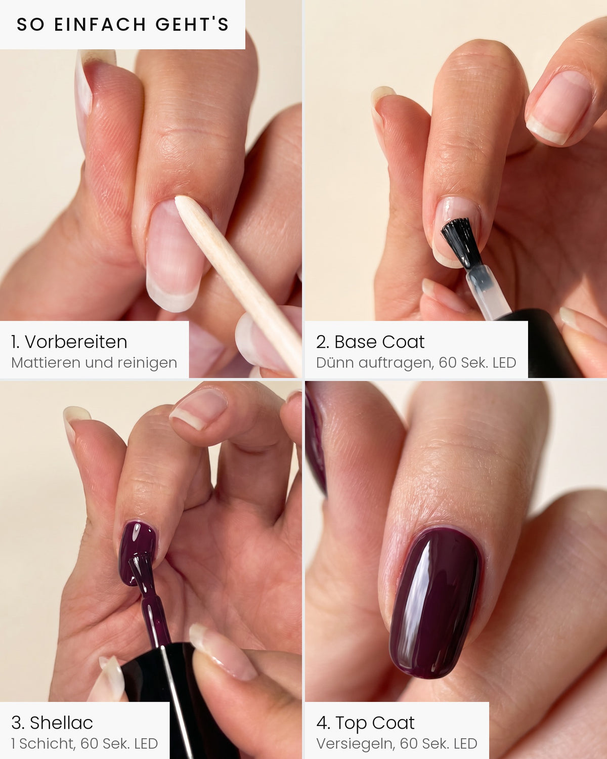 So einfach geht's: Shellac-Maniküre in 4 Schritten – vorbereiten, Base Coat, Shellac, Top Coat
