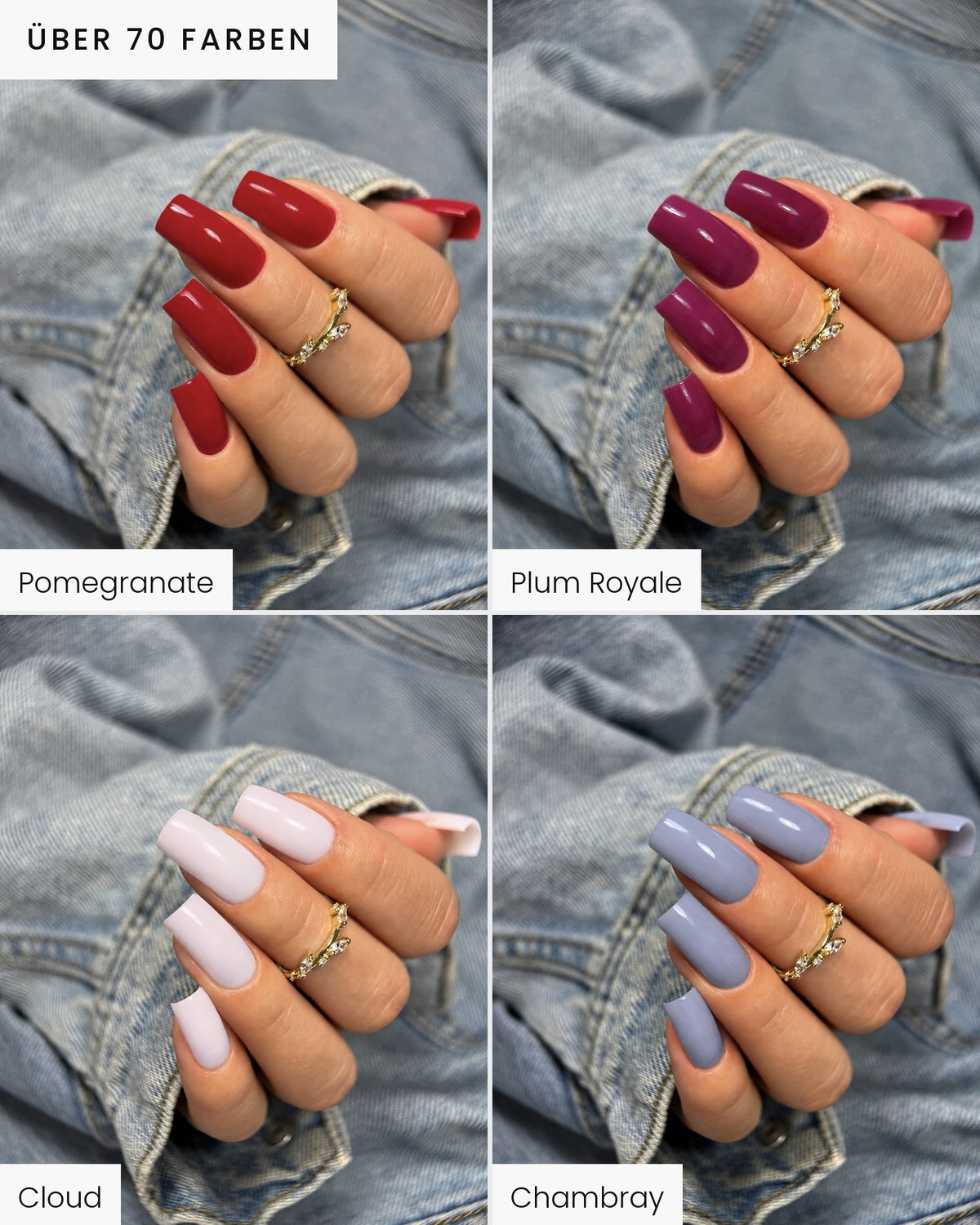 Über 70 Shellac-Farben an Händen: Pomegranate, Plum Royale, Cloud und Chambray