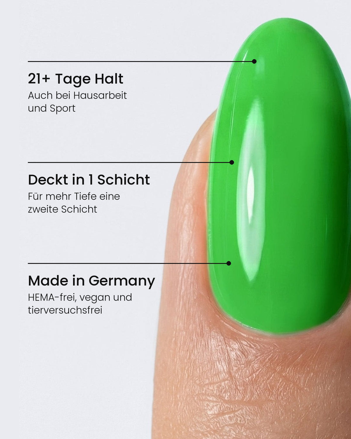 Shellac Neon Light Green am Nagel: 21+ Tage Halt, Deckt in 1 Schicht, Made in Germany – HEMA-frei, vegan und tierversuchsfrei